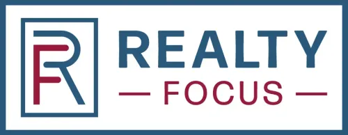 Realty Focus logo with blue REALTY, red FOCUS, and a monogram of intertwined red F and blue R.