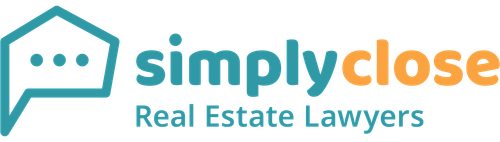 Teal house speech bubble with 3 dots icon, "simplyclose" (teal & orange), "Real Estate Lawyers".